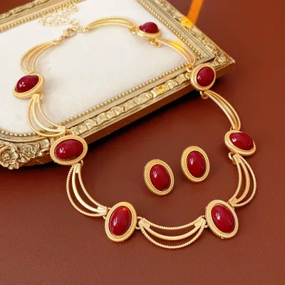 Vintage Gemstone Necklace And Earrings Set Alloy Gem Necklace Sterling Silver Post Stud Earrings Women Is Retro Jewelry
