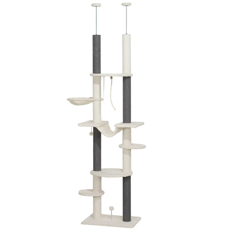 PawHut Floor To Ceiling Cat Tree With Scratching Posts, Hammock, Perches & Toy Balls, White