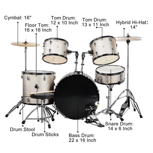 Full Size Adult Drum Set 5-Piece Silver with Bass Drum, two Tom Drum, Snare Drum, Floor Tom, 16