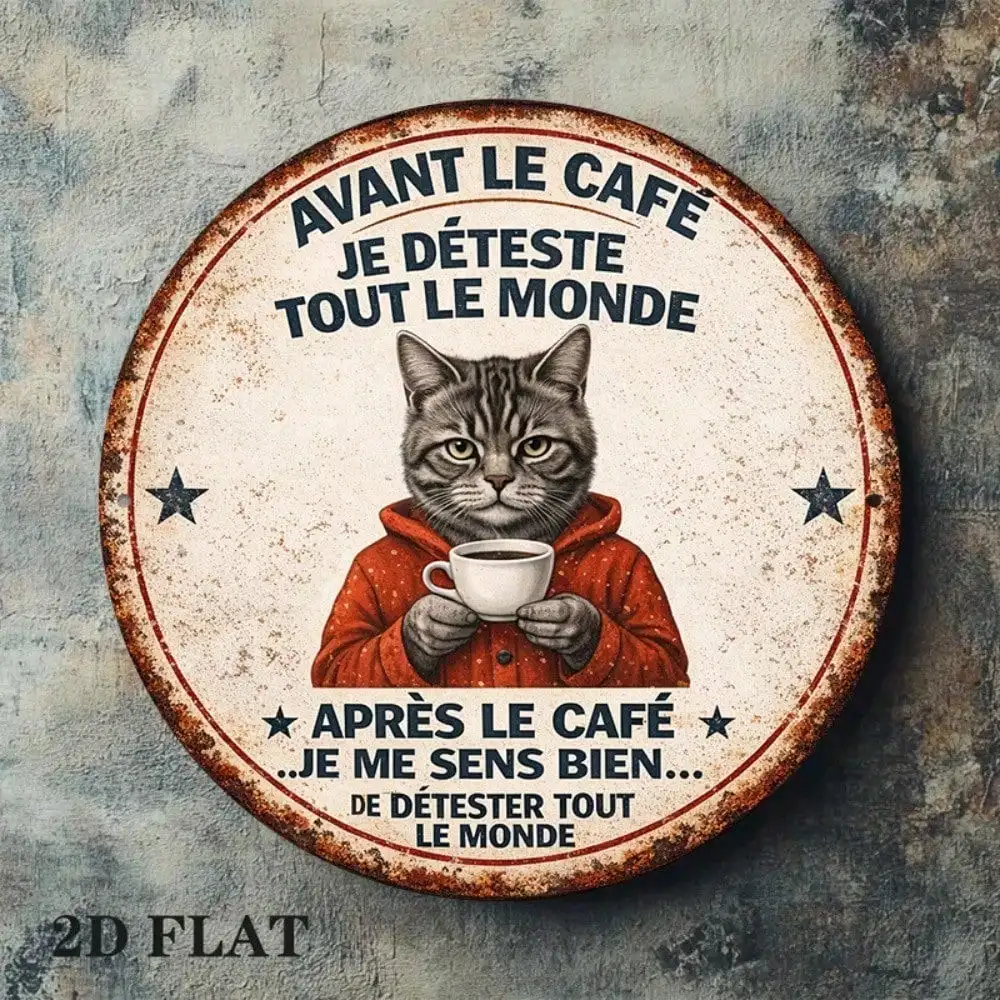 8x8in Vintage French Lover Cat Round Metal