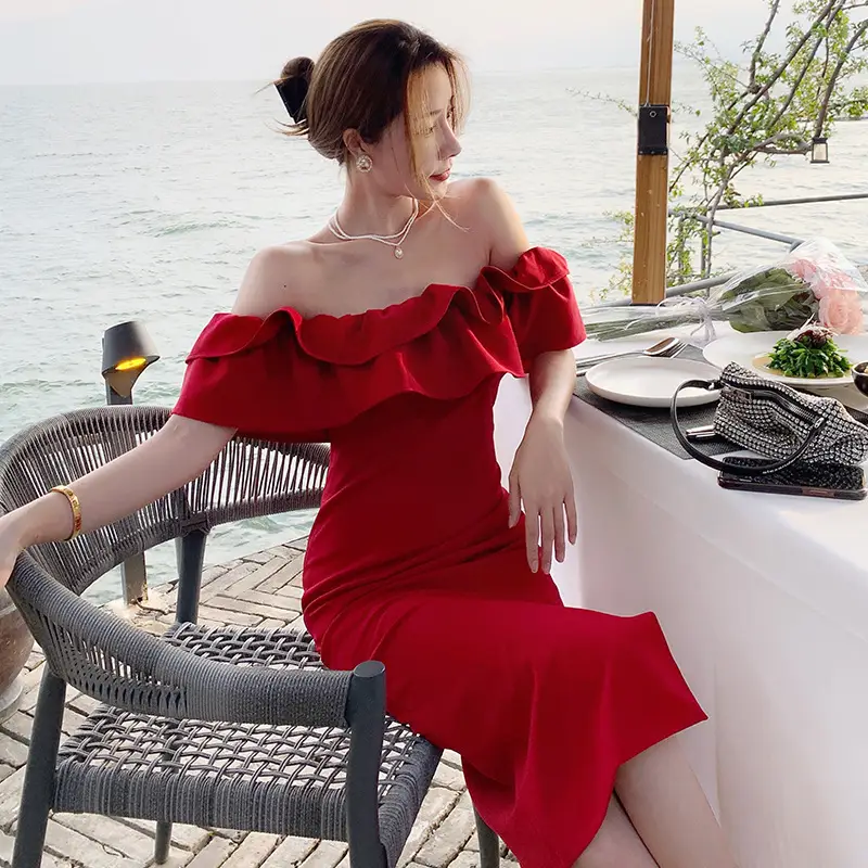French Style Retro Waist-controlled Red Dress Gentle Slim Fit