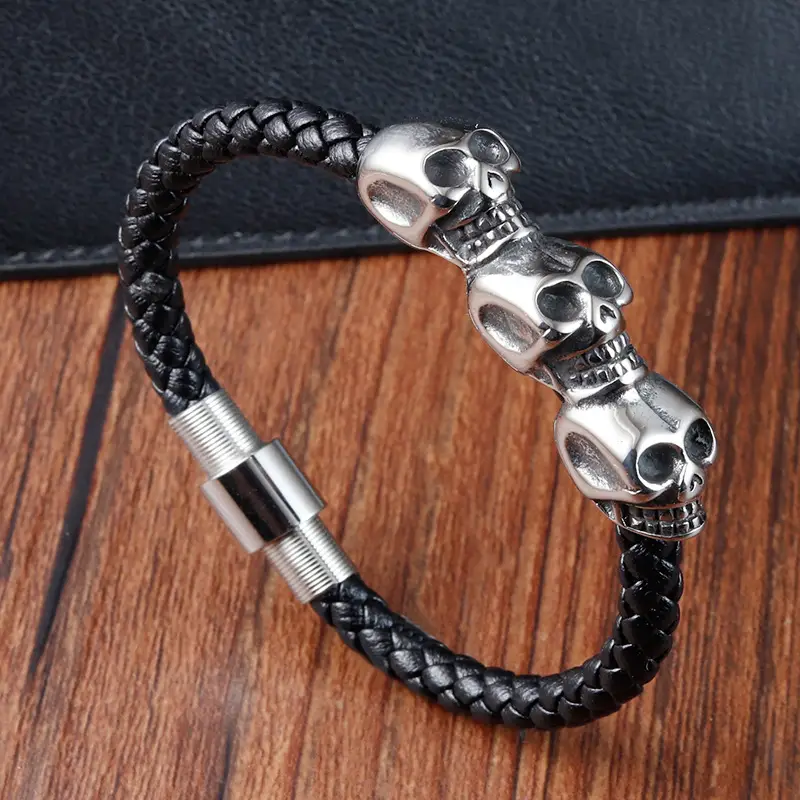 Creative Punk Trendy Men's Skull Bracelet Stainless Steel Magnetic Buckle Woven Leather Ghost Head