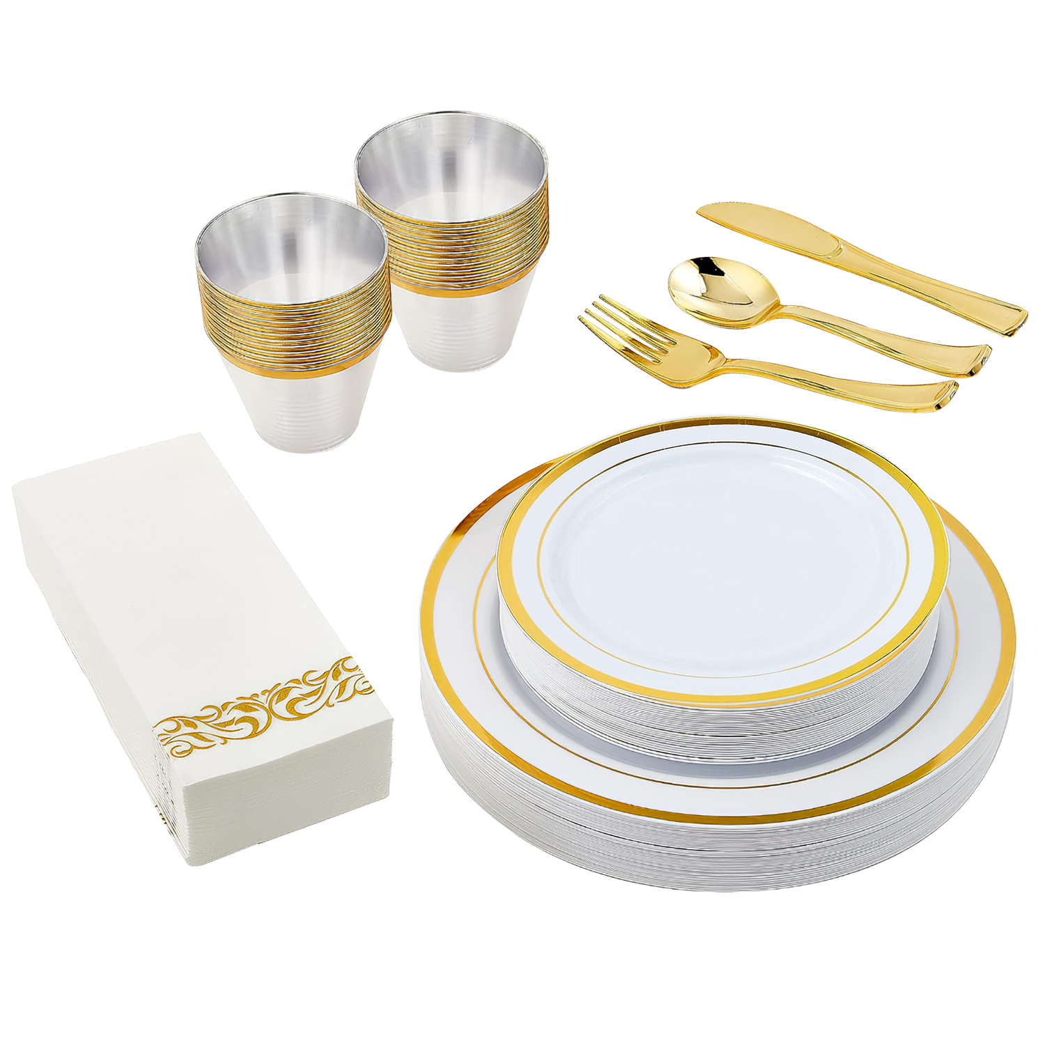 Ensemble de 175 pièces de vaisselle jetable en or, assiettes en plastique, tasses – Image 2