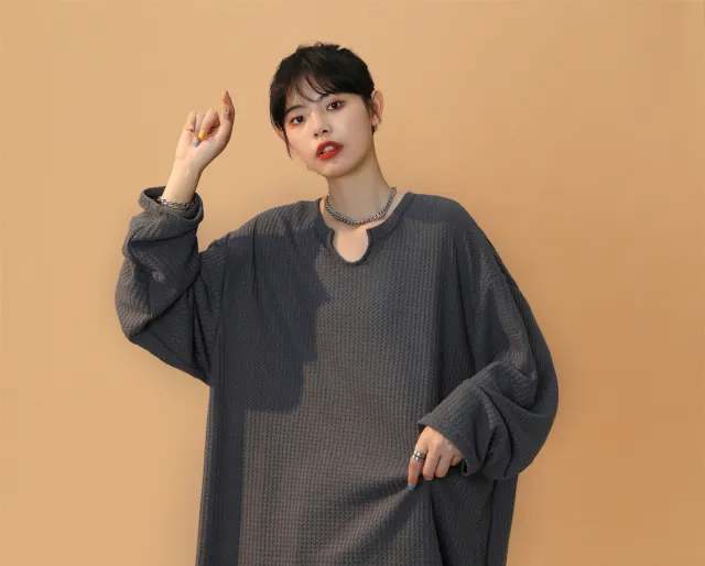 Waffle Sweater Women Spring And Autumn Thin Section New Grey - Shop at LoveMi