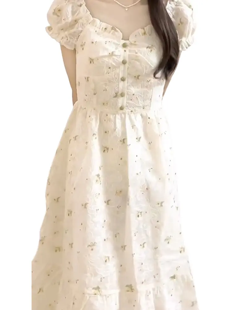 Tea Break French First Love Fragmented Flower Dress New Bubble Sleeves