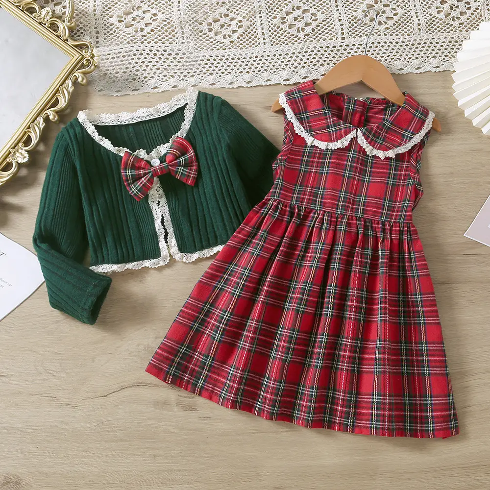 Girls Autumn Knitted Lace Top Plaid Vest Skirt Suit