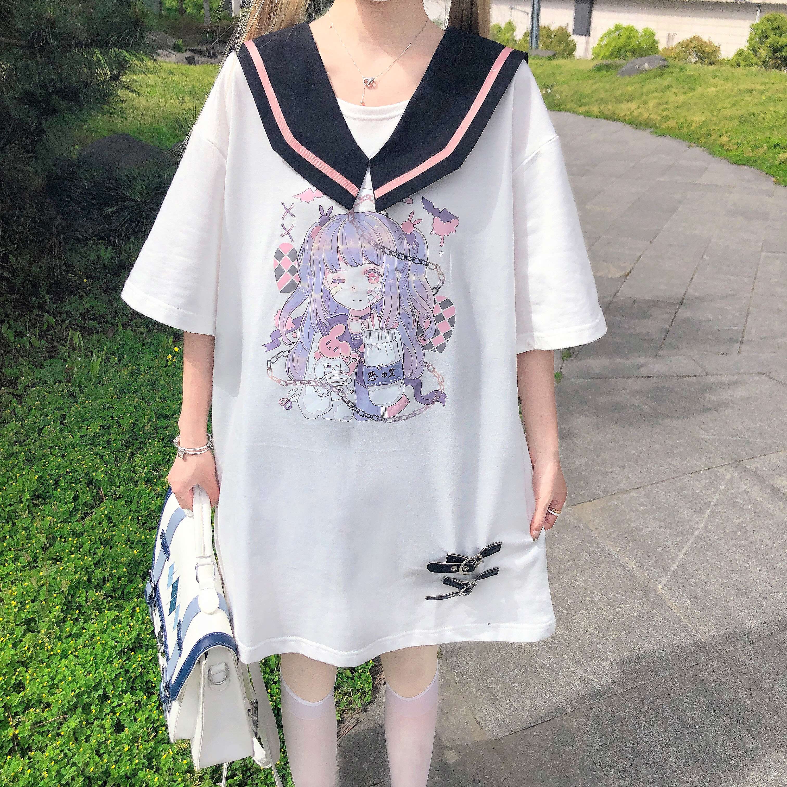 Navy Collar Mid-length Sweater Women Short-sleeved T-shirt