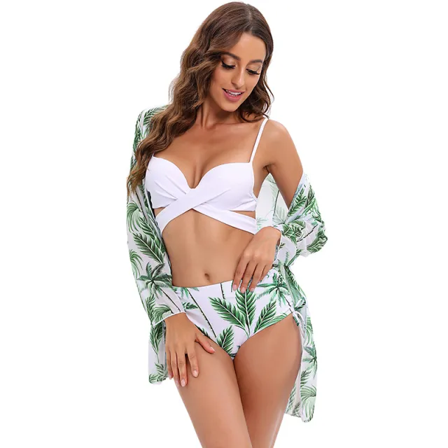 Three Piece Bikini Swimsuit Mesh Shawl Split Swimsuit High Waist Green - Shop at LoveMi