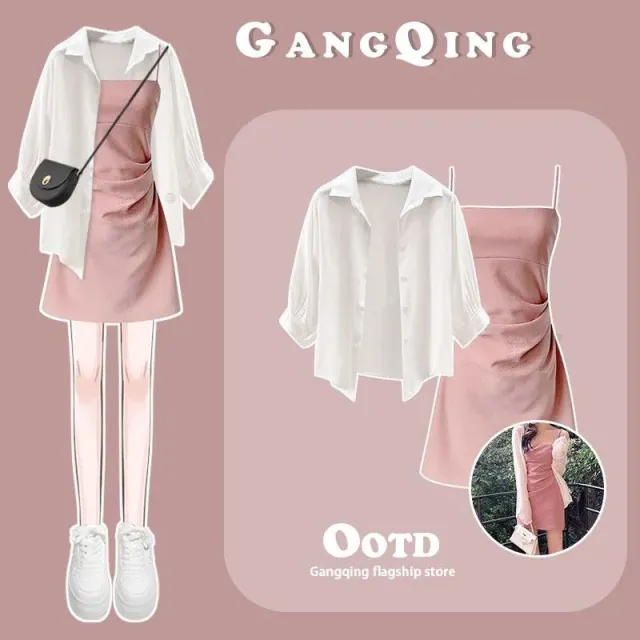 Sun Protection Shirt Top Slimming Suspender Dress Shirt And Suspender Skirt Xxxl - Shop at LoveMi