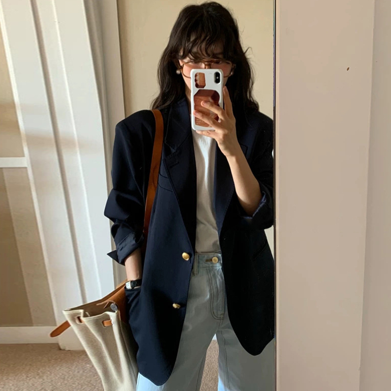 Retro High Sense Lapel Lapel Loose Versatile Ladies Jacket Navy - Shop at LoveMi