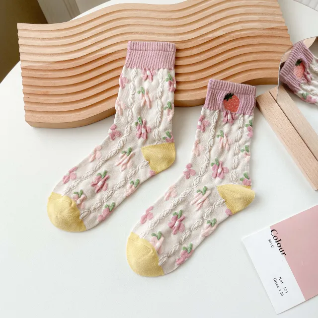 Female Trendy Ins Cute Cotton Sports Cartoon Stockings For Outerwear Wear Embroidered Strawberries - Shop at LoveMi