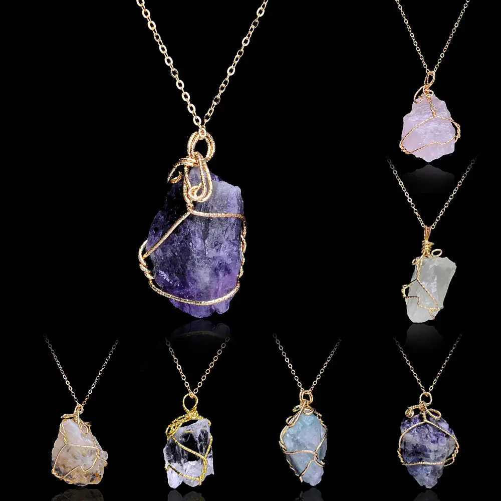 Hand-wound Geometric Irregular Crystal Stone Pendant Sweater Chain Necklace