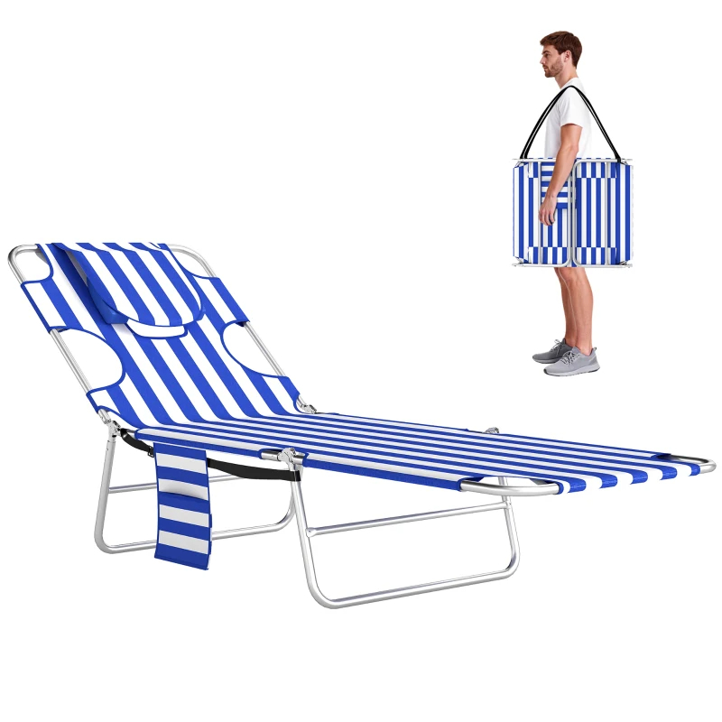 Anning Chair With Face Hole, 5-Level Adjustable Outdoor Chaise Lounge Chair With Pillow For Beach, Pool, Blue Stripes