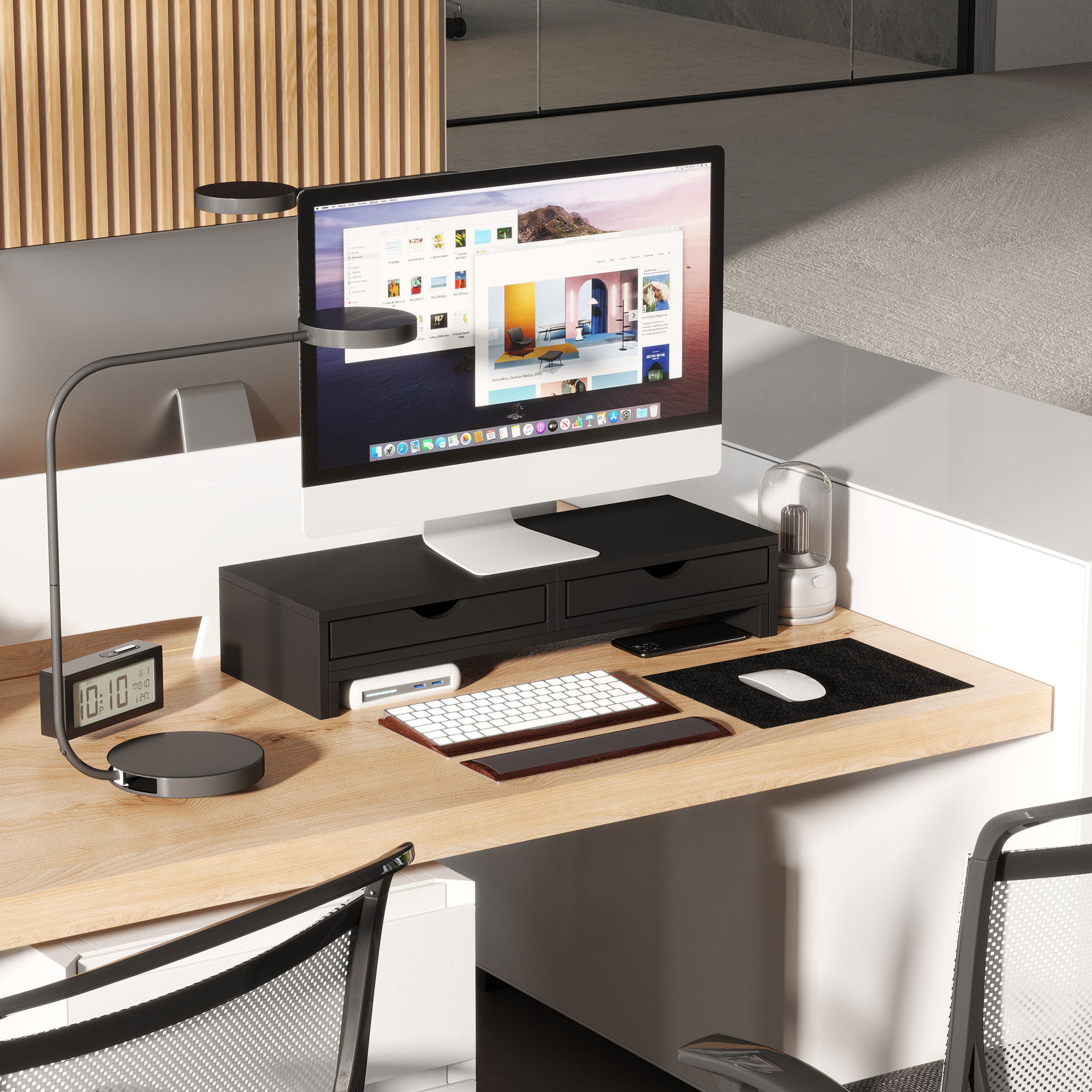 Dual Monitor Stand With 2 Drawers, Adjustable Length And Angle, 116cm Suitable — image 8