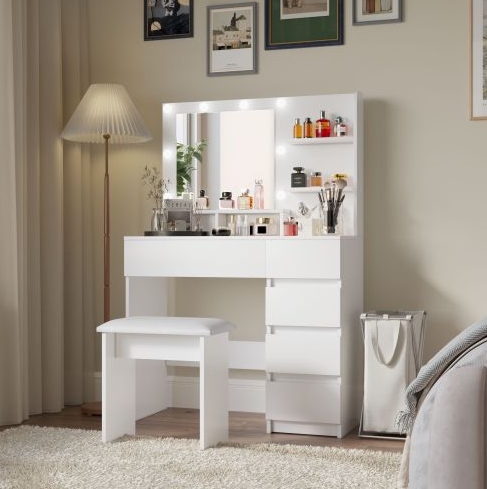 Vanity, Makeup Vanity Desk Set With Mirror & Light, Dressing Table Storage Lots With Power Strip, 3 Lighting Modes With Adjustable Brightness, 37 Inches White With Stool — foto 5