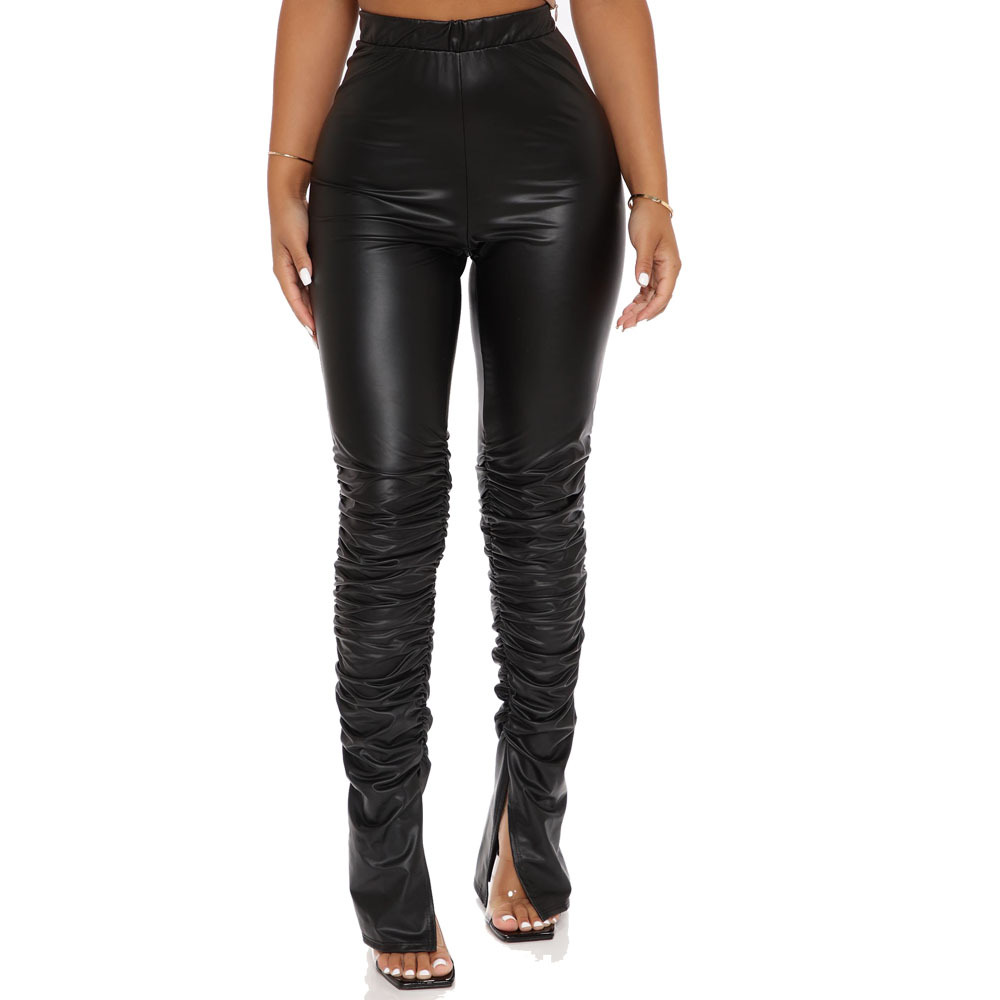 Fashion Sexy High Waist Skinny Pleated Split PU Leather Pants