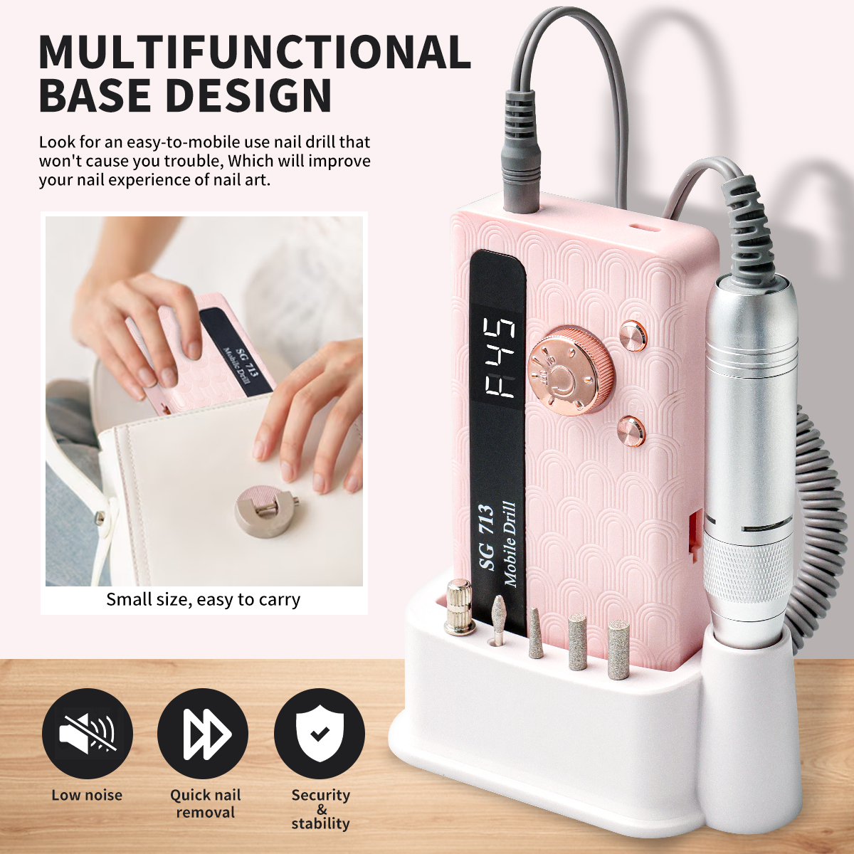 Electric Nail Drill - 45000RPM Portable Nail Drill-Rechargeable Nail E-File Kit With 6 Bits & Base-LED Screen-Ultra-Silent, Rechargeable Nail Drills Machine For Acrylic Nails Gel Polishing — foto 4