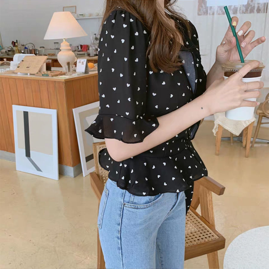 Women V-neck Top Waist Skirt Chiffon Shirt