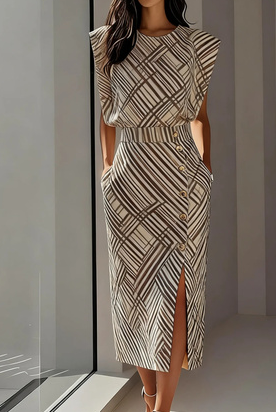 Women's Modern Retro Geometric Striped Round Neck Sleeveless Slim Fit Midi Dress With Slit