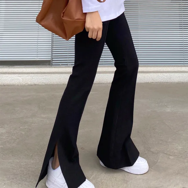 Women's Retro Side Slit Micro Flared Wide Leg Pants Black Regular Length - Shop at LoveMi