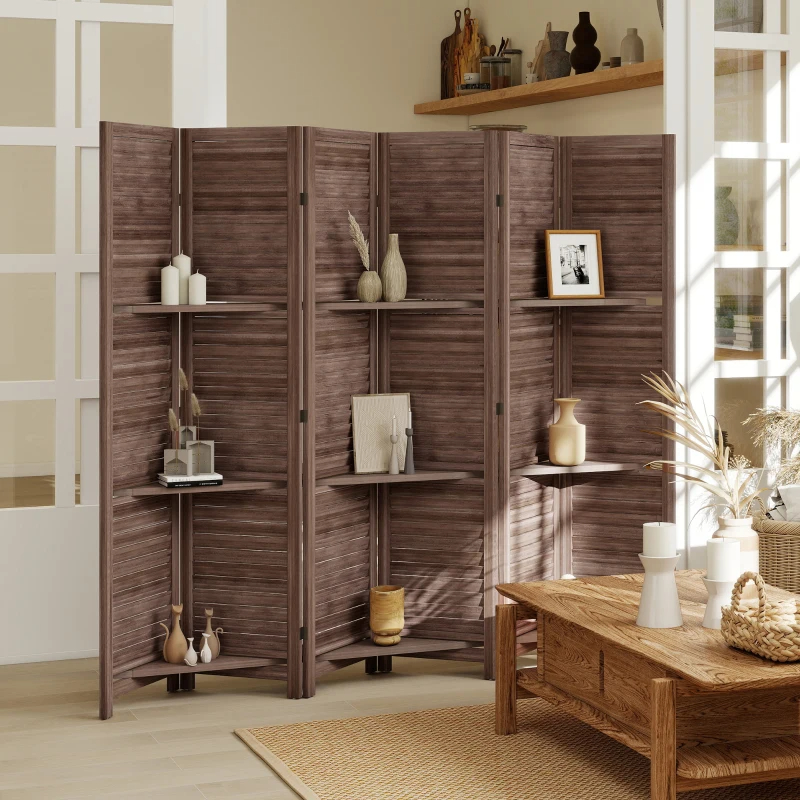6 Panel Tall Wood Privacy Screen Room Divider With 3 Shelves And Folding Storage For Bedroom, Walnut