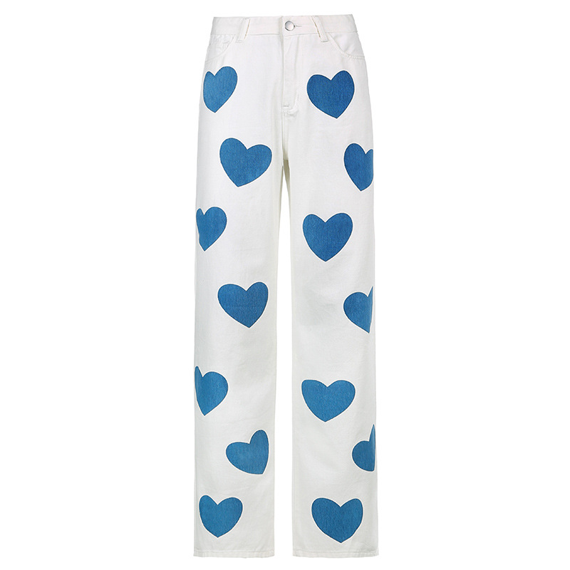 Women's Heart Print Contrast High Waist Denim Straight Pants White - Shop at LoveMi