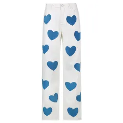 Women's Heart Print Contrast High Waist Denim Straight Pants - White - View 1