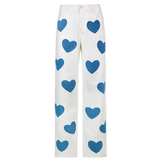 Women's Heart Print Contrast High Waist Denim Straight Pants White - Shop at LoveMi