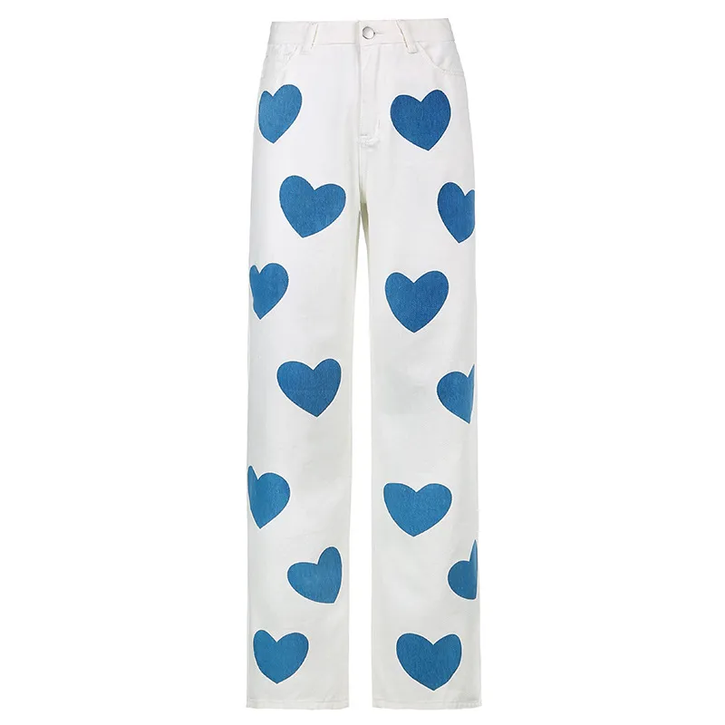 Women's Heart Print Contrast High Waist Denim Straight Pants - White
