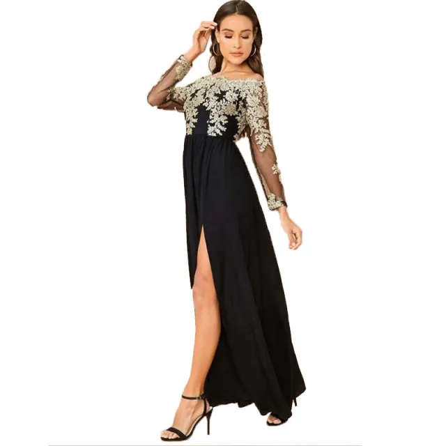 Embroidered Mesh High Slit Dress Black - Shop at LoveMi