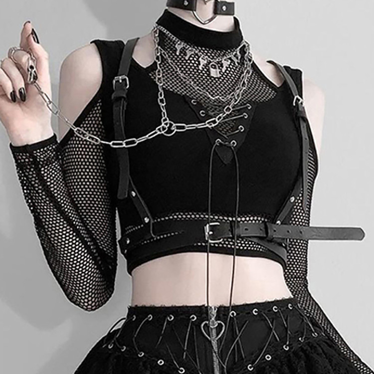 Mesh Patchwork Strapless Lace-up Long Sleeve Solid Top