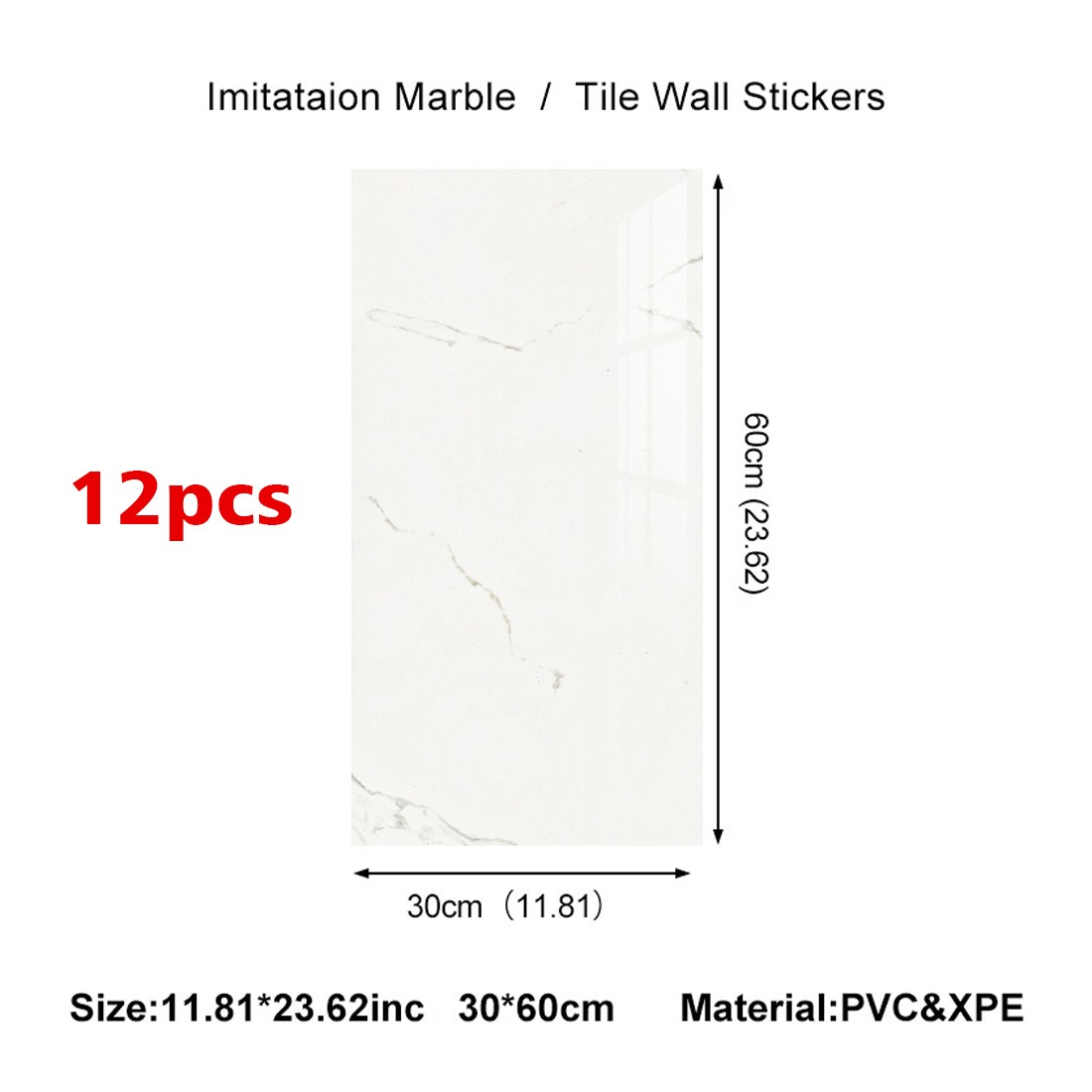 12Pcs PVC Marble Tiles Wall Sticker Self-Adhesive Stick Kitchen Bathroom Decor