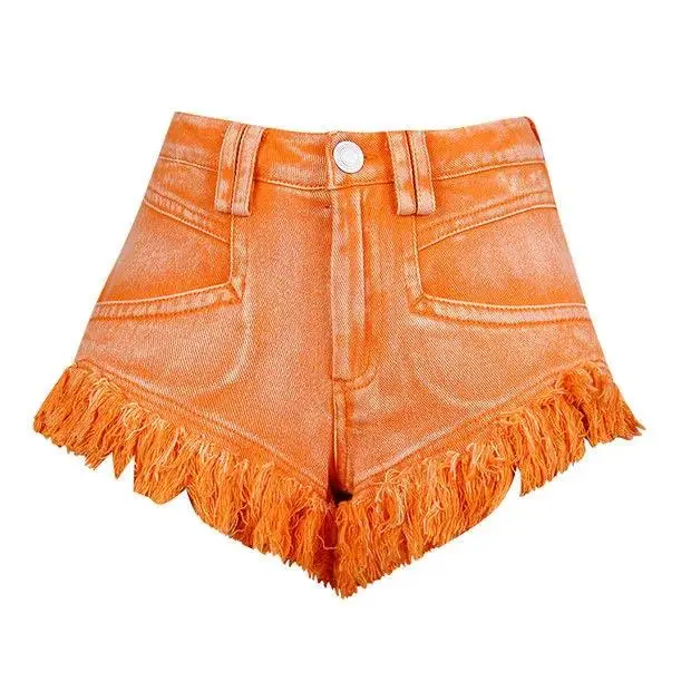 Women's Plus Size High Waist Tassel Denim Shorts Orange - Shop at LoveMi