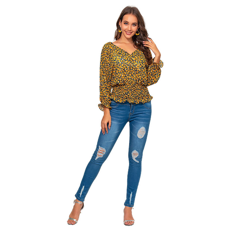 Title 5, Long-sleeved Deep V-neck Floral Waist Top