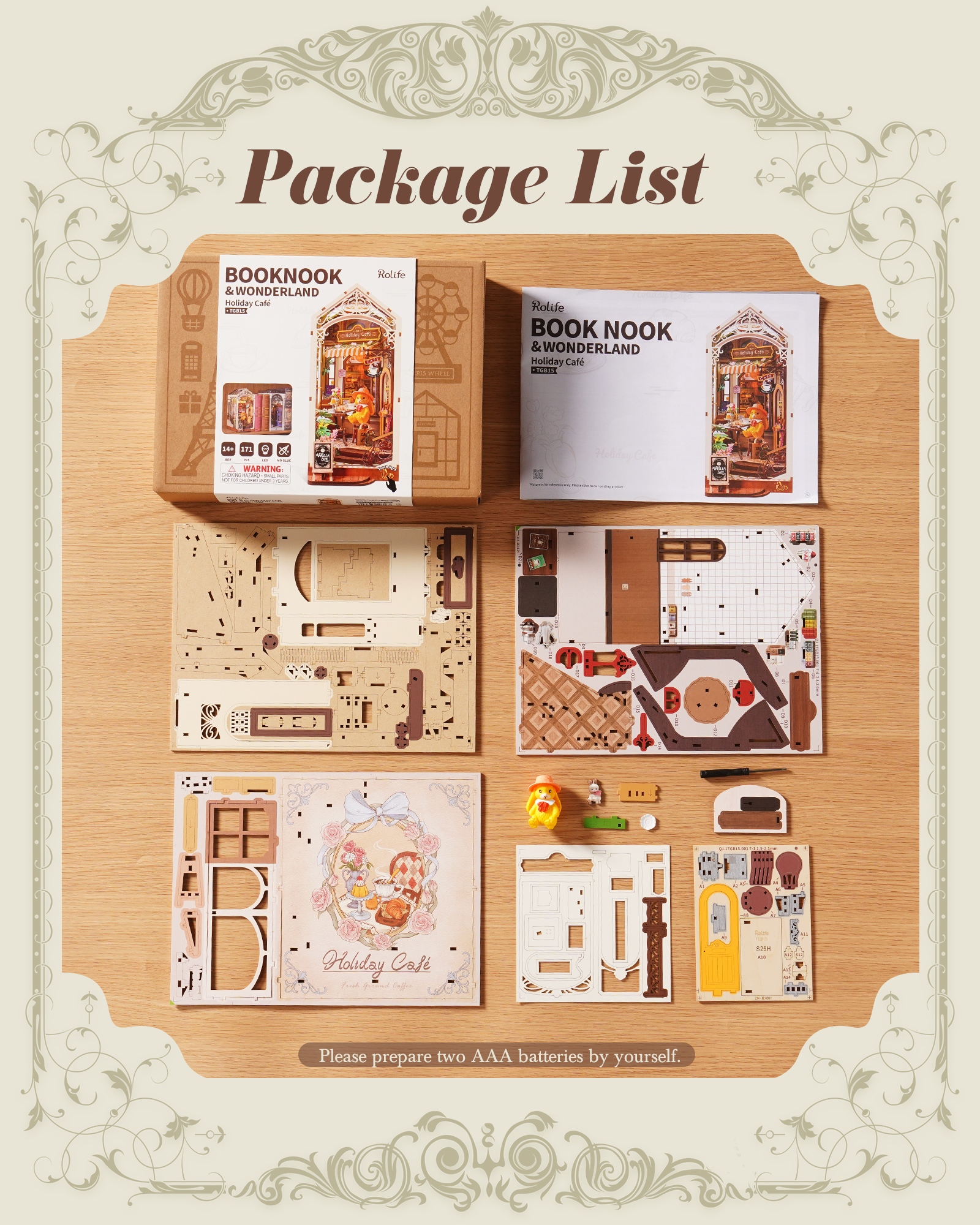 Rolife Holiday Cafe Reading Corner Set, DIY Mini House With Warm LED Lights, Glue-Free Assembly, Bookshelf Decoration, Creative Gift For Adults