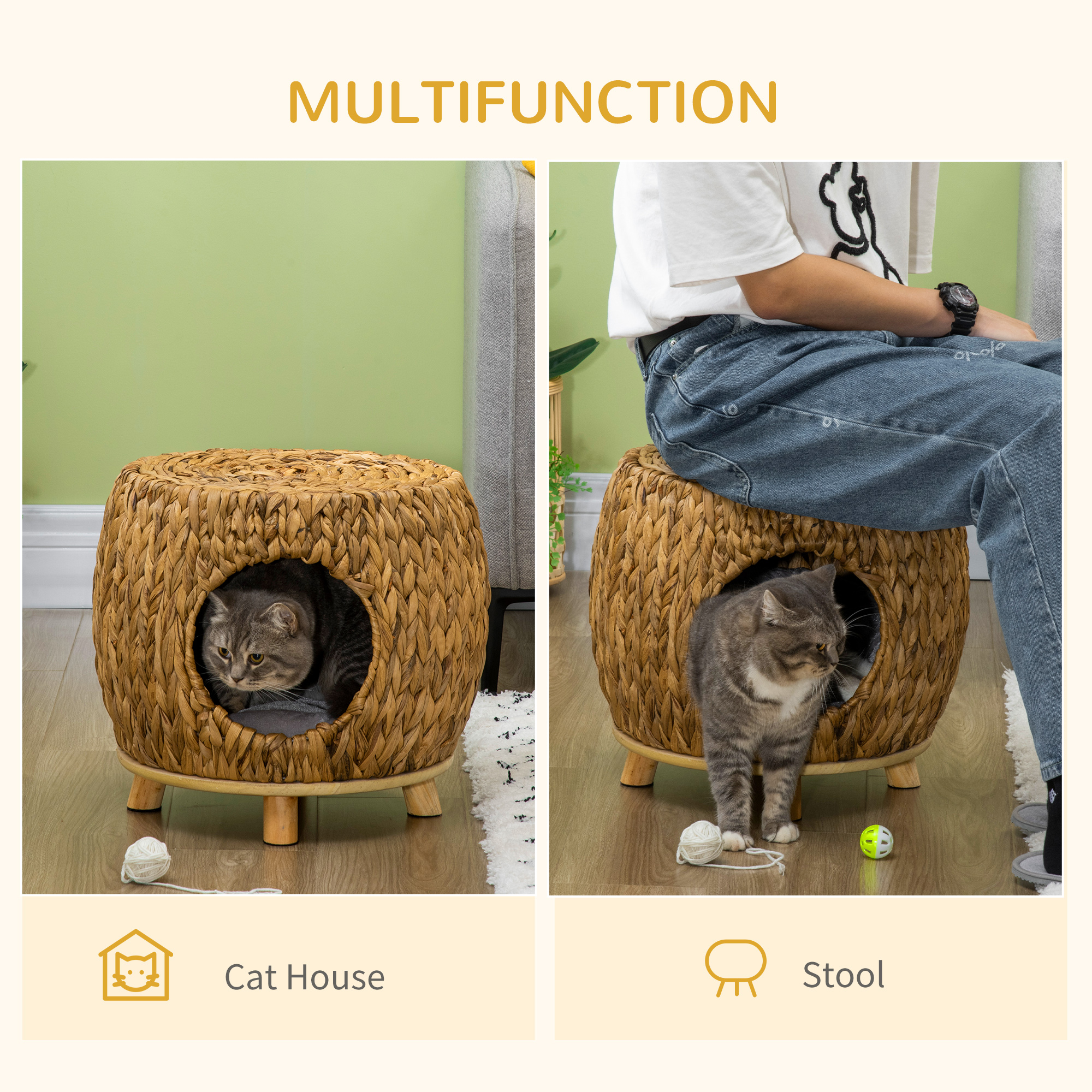 Wicker Cat Bed Cat House Stool With Washable Cushion, 44 X 43 X 41cm