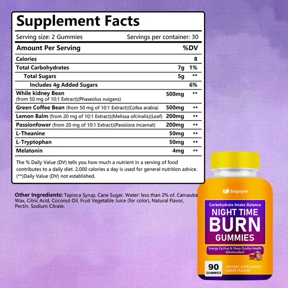 Night Time Burn Gummies, Grape Flavored, Vegan & Gelatin-Free, Supports Carbohydrate Balance & Healthy Metabolism, 90 Gummies — view 2