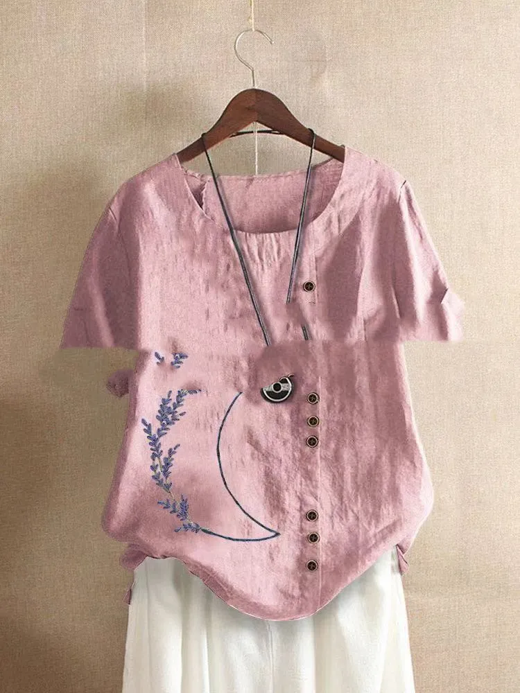 Retro Cotton And Linen Embroidered Button Shirt Women - Style D