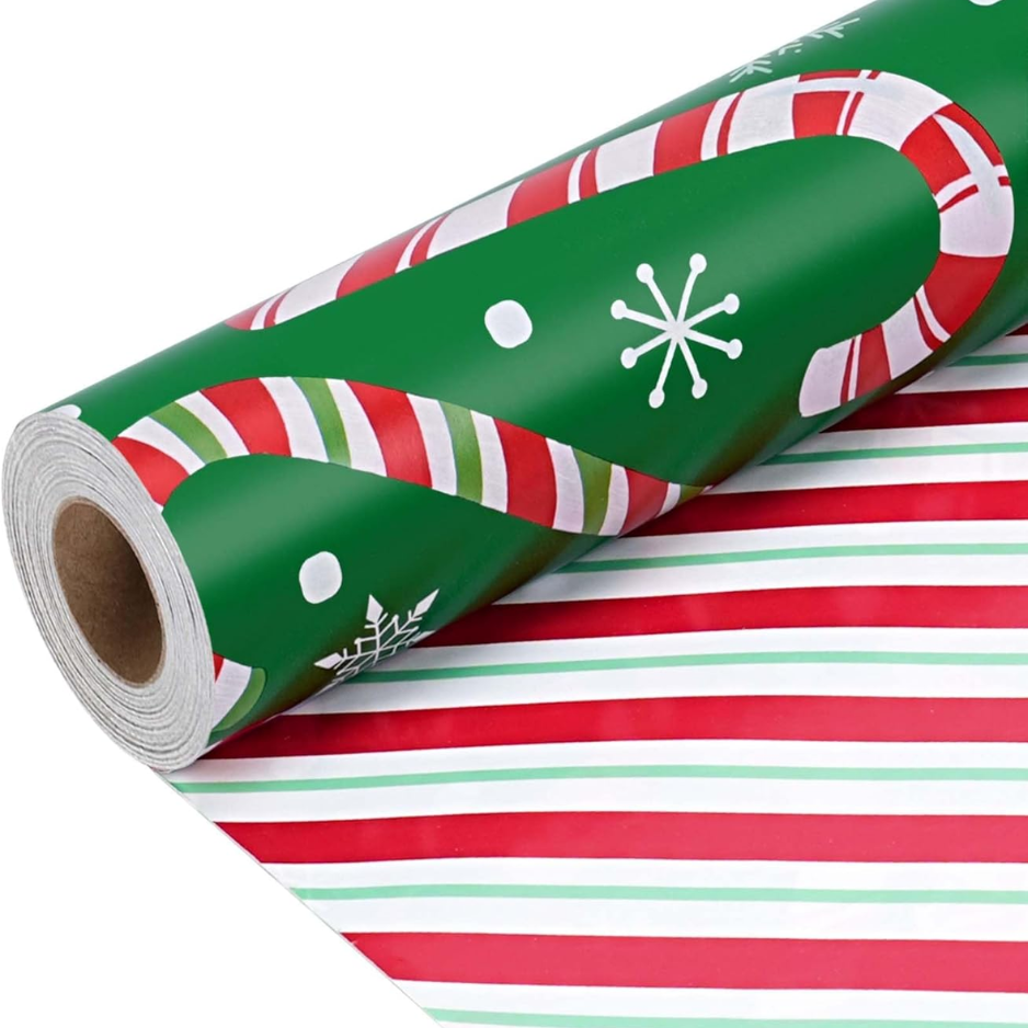 Christmas Wrapping Paper Roll, Classic Candy Cane & Red Striped Design, Holiday Gift Wrap For Christmas & New Year