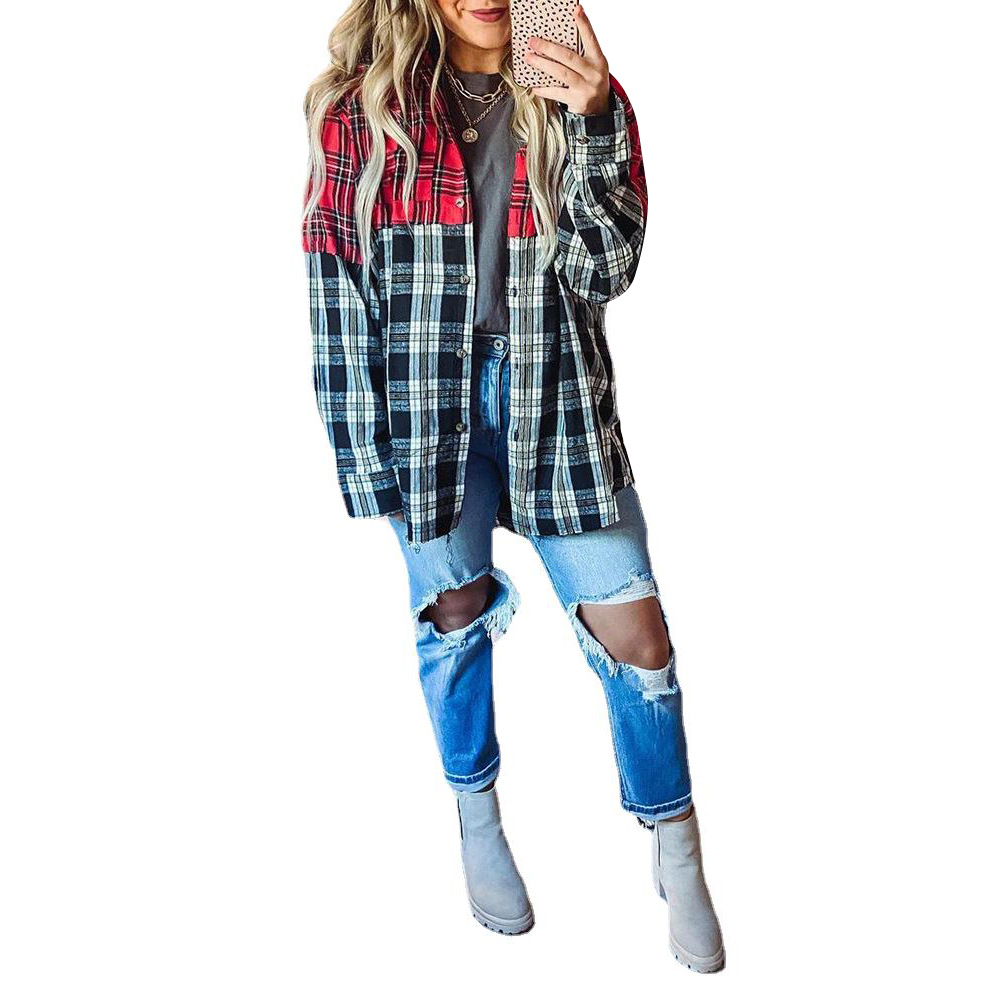 Fashion Stitching Printed Long-Sleeved Plaid Casual Shirt