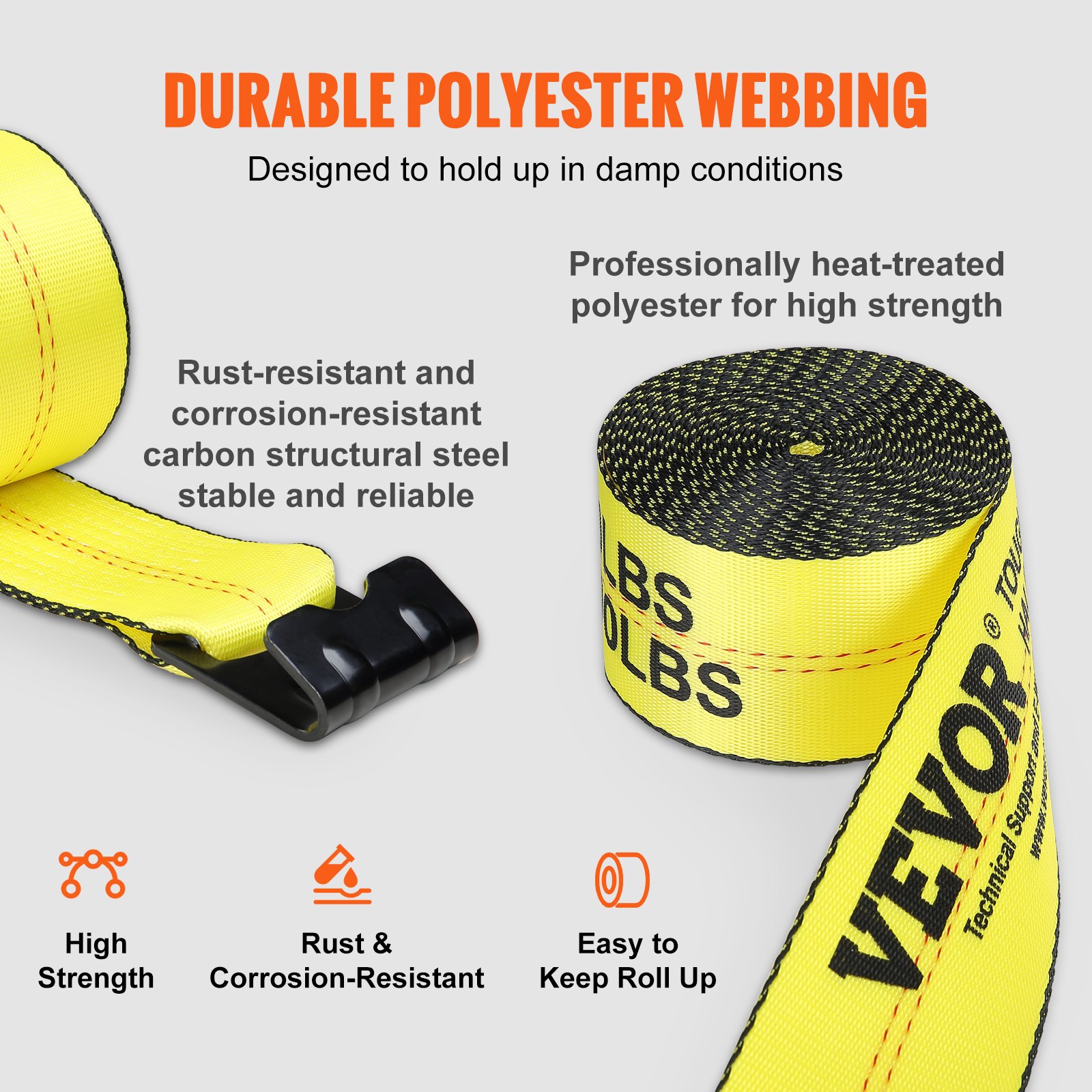 Vevor 2-inch winch straps securing heavy cargo on Freightliner Cascadia flatbed deck