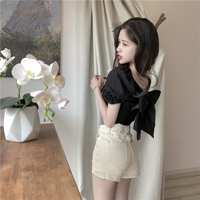 Title 2, Puff Sleeve Retro High Waist Slim Short Sleeve