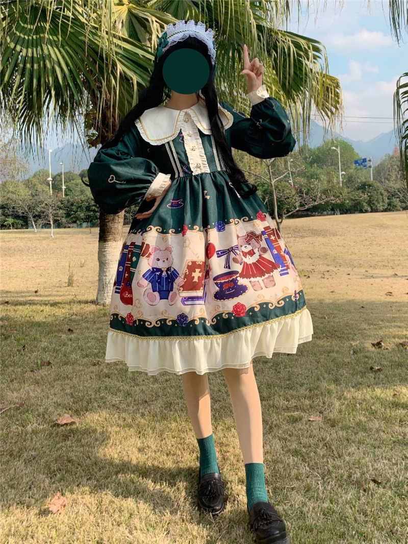 Lolita British Bear Op Long Sleeve Dress