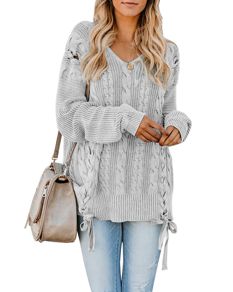 New Women's Knitted Lace Twisted Rope Tie V-neck Long-sleeved Loose Pullover Women