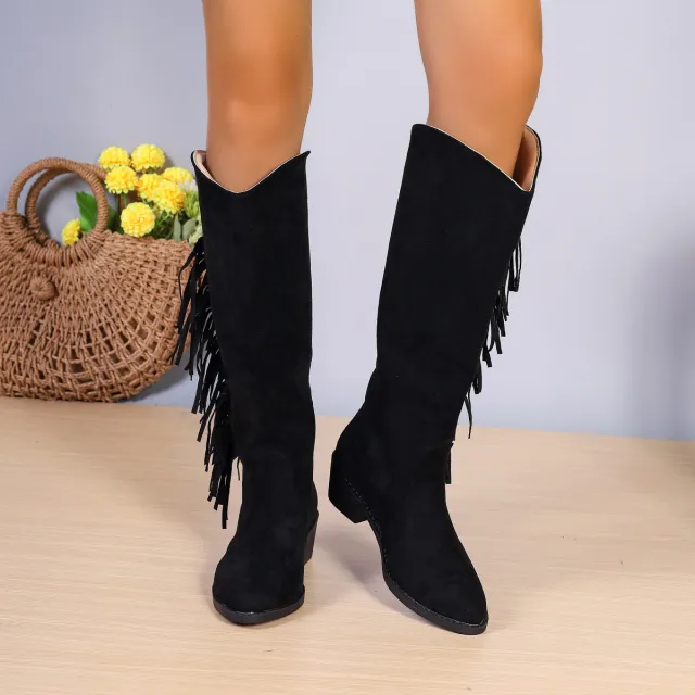 Winter Fringe Chunky Heel Long Boot Fashion Slip On Suede Retro Tassel Boots Women's Pionted Toe Shoes Women Western Cowboy Boot Black - Shop at LoveMi