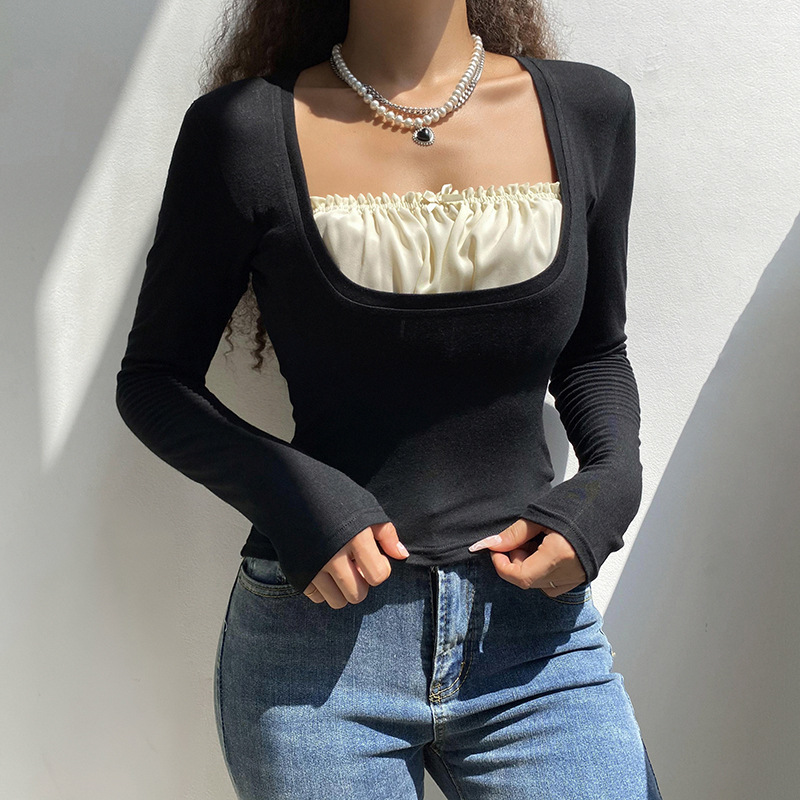 Fake Two-piece Long-sleeved T-shirt Square Collar