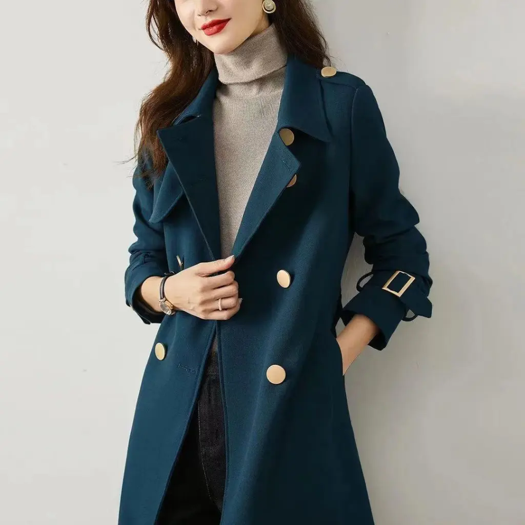 Women's Mid-length Double-breasted Thin Windbreaker Jacket - Dark Green