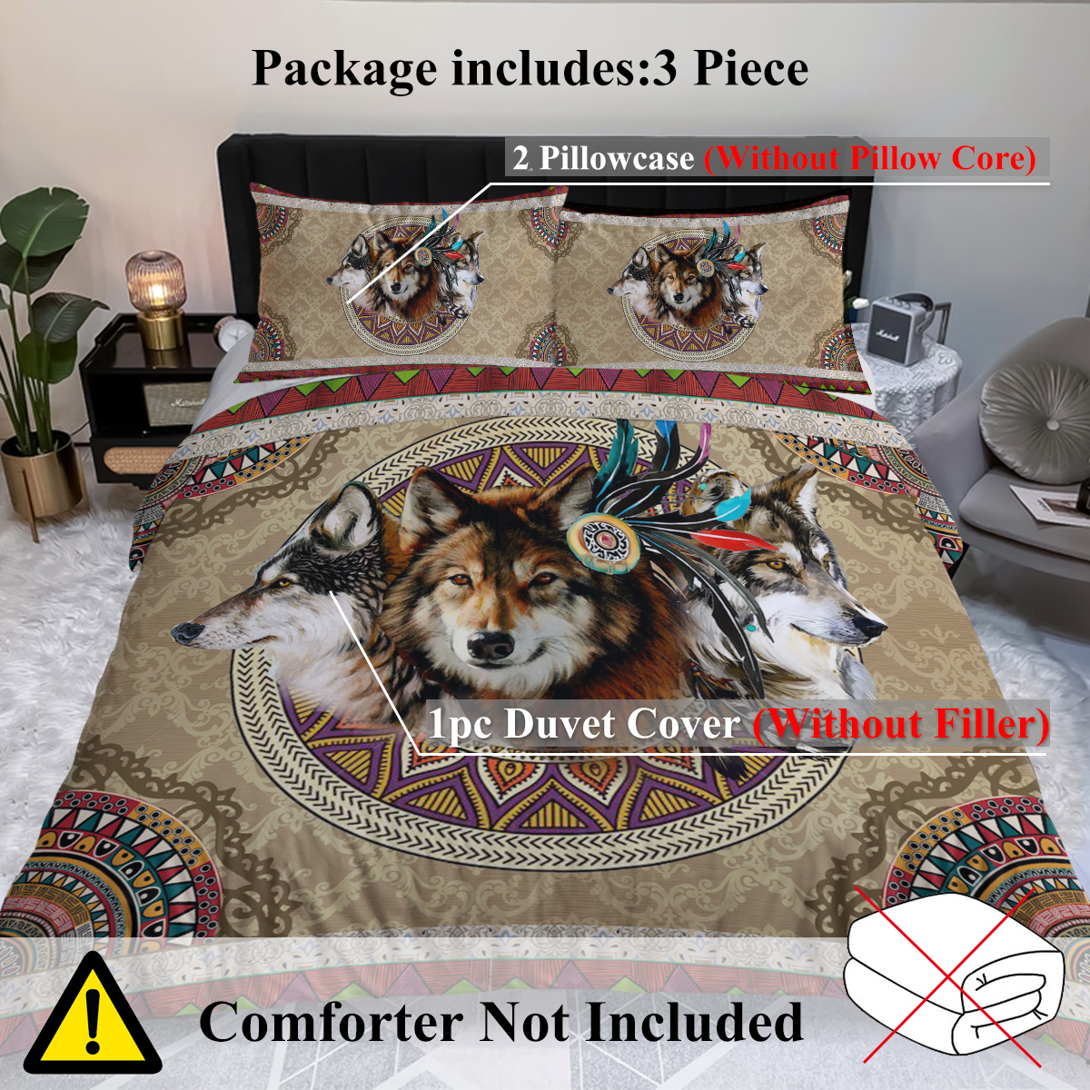 Wolf Duvet Cover Set 3 Pcs Retro Brown Tribal Boho Grid Bedding Comforter For... 4