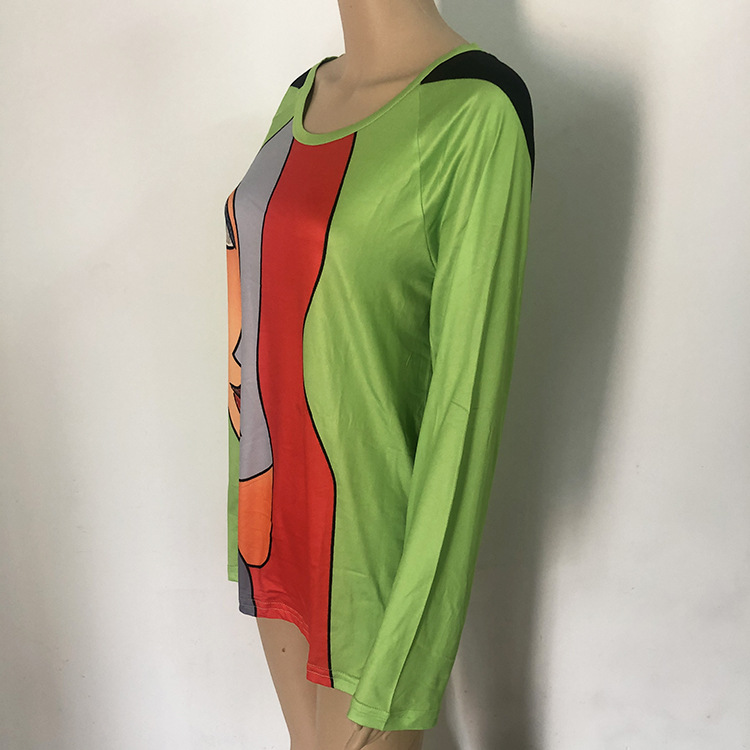 Fashion Loose Round Neck Face Print Long Sleeve Women's T-Shirt