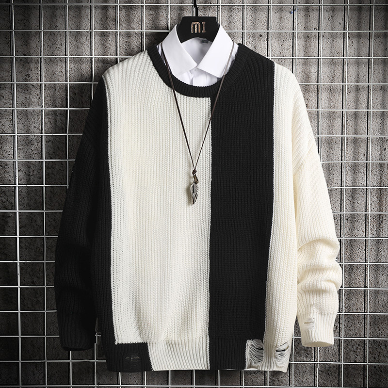 Title 1, Contrast Stitching Round Neck Pullover Sweater ...